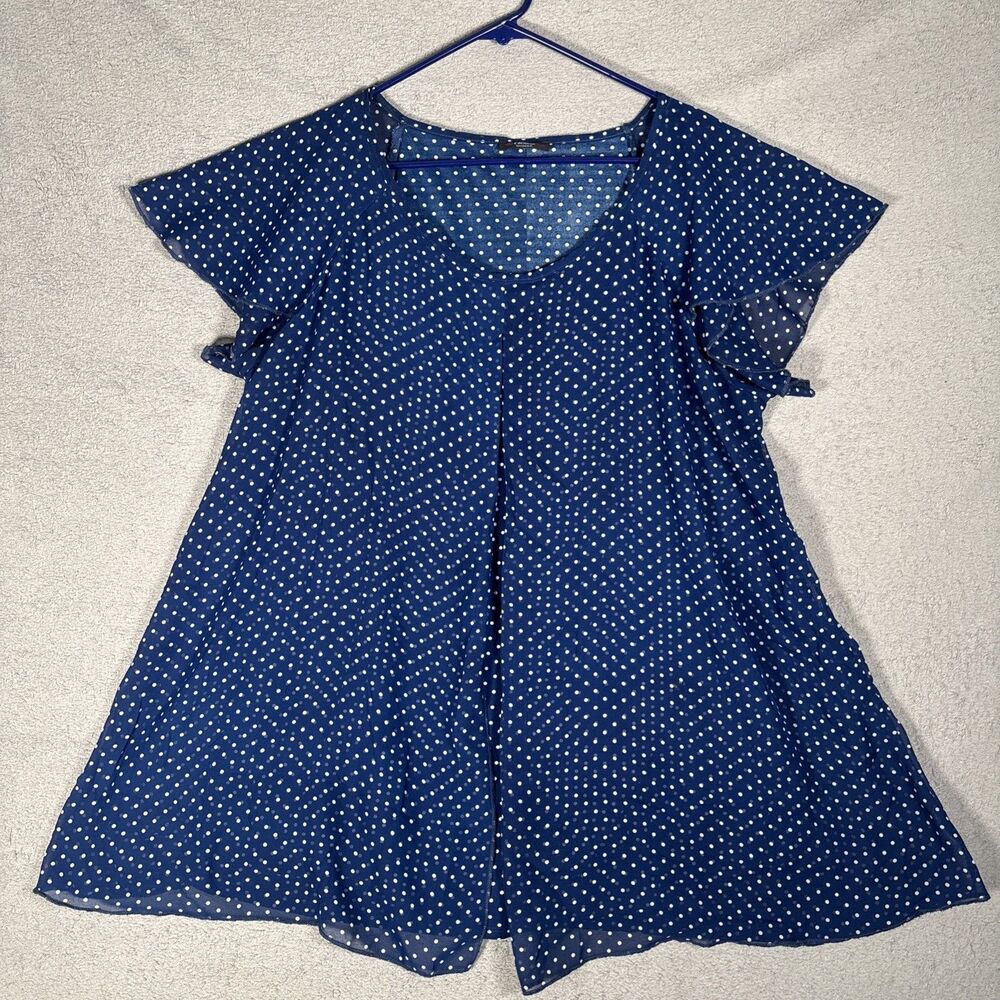 Cocomo Top Women Size XL Blue White Polka Dots Flutter Sleeve Hippie Boho Flowy